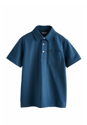 Marineblaues Poloshirt aus weichem Stoff, mit Kragen, dreiknöpfiger Knopfleiste und Brusttasche. Glatte Textur mit kurzen Ärmeln.