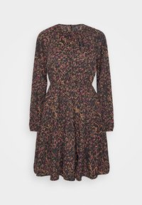 Robe noire à manches longues avec un imprimé abstrait coloré en rose, orange et marron. Présente un col froncé et une taille cintrée. Jupe évasée.