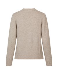 Beige striktrøje, rund hals, lange ærmer, tekstureret stof, ribbede manchetter og nederkant, glat finish, afslappet pasform, ingen synlige logoer eller udsmykninger.