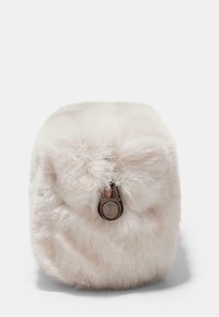 Faux fur pouch in soft light pink with a rounded shape. Features a silver zipper closure at the top and textured, plush surface.