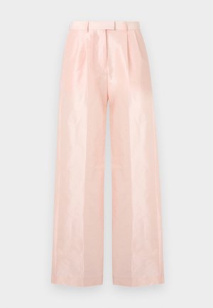 Vaaleanpunaiset korkea vyötäröiset leveät housut, joissa on sileä, kiiltävä pinta, etupuolella laskokset ja vastaava vyö.