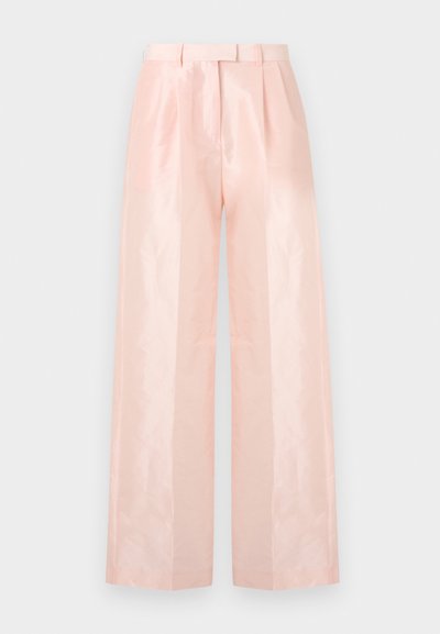 Light pink high-waisted wide-leg trousers, featuring a smooth, shiny texture, pleats at the front, and a matching belt.