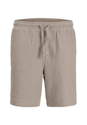 Beige bomuldsshorts med en tekstureret, krøllet overflade; elastisk talje med justerbar snor; længde til midt på låret.