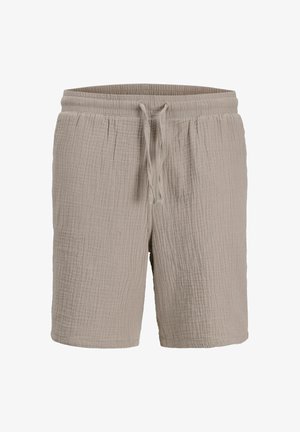 Bež bombažne šortse z teksturirano, nagubano površino; elastičen pas z nastavljivo vrvico; dolžina do sredine stegna.