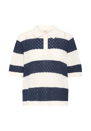 Rövid ujjú kötött polo póló tengerészkék és fehér vízszintes csíkokkal, texturált mintával és három gombos gallérral.