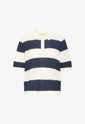 Camisa polo de punto de manga corta, con rayas horizontales en azul marino y blanco, un patrón texturizado y un cierre de tres botones.