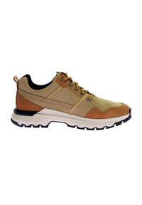 Sneaker marrone chiaro realizzato con un mix di materiali in tela e suede, suola ammortizzata e design strutturato con dettagli in gomma nera.