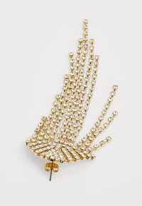 Gold-toned hair accessory featuring multiple rows of shimmering clear crystals, arranged in a cascading design with a pronged fastening.
