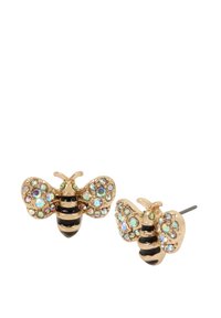 Orecchini a forma di ape in tonalità oro con strisce nere, decorati con strass multicolori sulle ali e chiusura a perno.