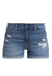 Denim shorts in medium blue with distressed patches and frayed hem. Features five pockets and a front button closure.