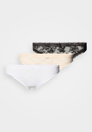 Set of three lace panties in black, beige, and white. Features floral detailing, scalloped edges, and small bows on the waistband.