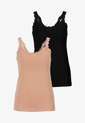 Zwei Tops: eines in hellem Pfirsich mit Spitzenrand, das andere in einfarbig Schwarz. Beide haben verstellbare Träger und ein eng anliegendes, geripptes Design.