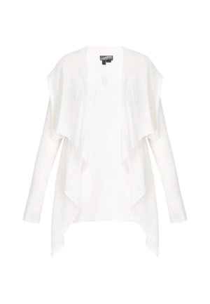 Chaqueta de punto blanca abierta por delante, con mangas largas y un dobladillo asimétrico drapeado.