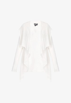 Chaqueta de punto blanca abierta por delante, con mangas largas y un dobladillo asimétrico drapeado.