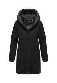 Manteau noir avec une capuche rembourrée, fabriqué en matériau semblable à de la laine. Présente une fermeture à boutons, deux poches avant et une doublure intérieure texturée.