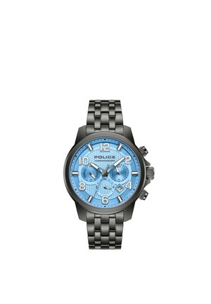 Reloj de pulsera de metal negro con esfera azul, números blancos, tres subesferas, ventana de fecha y botones laterales para funciones de cronógrafo.