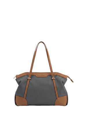Borsa tote grigia e marrone con lunghi manici, chiusura con cerniera e logo del marchio al centro davanti.