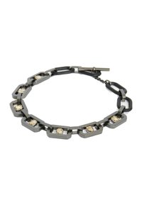 Metal bracelet featuring interlocking hexagonal links in dark gray, embellished with light-colored rectangular stones. Secure toggle closure.