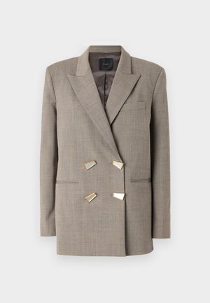 Blazer doppiopetto in tessuto a quadri houndstooth marrone chiaro. Presenta dettagli in hardware dorato e un colletto a punta. Due tasche frontali.