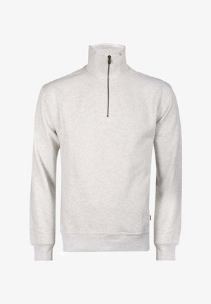 Hellgrauer Pullover mit langen Ärmeln, hohem Kragen und einem vorderen halben Reißverschluss, gerippte Bündchen und Saum.