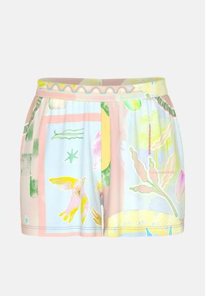 Pastelkleurige shorts met abstracte bloemen- en vogelpatronen in geel, roze, groen en blauw op een witte achtergrond.