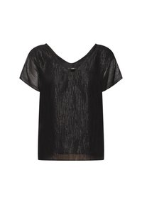 Černý průhledný top s krátkými rukávy, výstřihem do V a texturovaným vzorem s vertikálními pruhy. Lehce průsvitná tkanina s volným střihem.