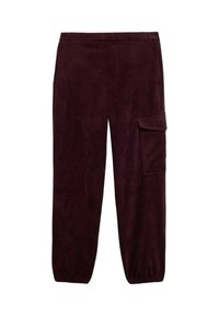 Bordeaux corduroy broek met een ontspannen pasvorm, elastische tailleband en zijvak met klep. Heeft een verticale ribbelstructuur en taps toelopende enkels.