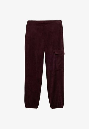 Burgunderfarbene Corduroy-Hosen mit entspannter Passform, elastischem Bund und seitlicher Cargo-Tasche. Merkmale sind eine vertikale gerippte Textur und zugeknöpfte Knöchel.