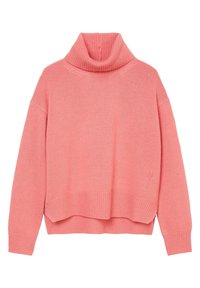 Roze gebreide trui met een hoge kraag, verlaagde schouders en geribbelde manchetten. Beschikt over een subtiel logo op de onderste voorkant en een zachte textuur.