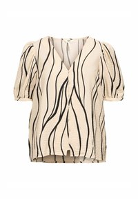 Blouse beige clair avec des motifs de vagues noirs, dotée d'un décolleté en V, de courtes manches bouffantes et d'un devant à boutons. Tissu texturé.