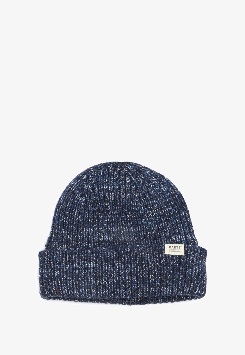 Gebreide muts in marineblauw met lichtblauwe en witte spikkels. Heeft een omgeslagen rand en een klein label aan de zijkant met de merknaam.