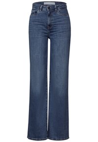 Wide-leg denim jeans in dark blue. Features a high waist, classic five-pocket design, and subtle fading. Made from cotton blend fabric.