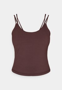 Brown tank top with thin adjustable straps, made from smooth fabric. Rounded neckline and a slightly curved hem at the waist.