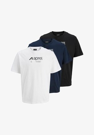 Three crewneck t-shirts in white, navy blue, and black, each with "aprel" logo and geographic coordinates on the chest.
