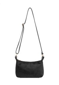 Borsa a tracolla in pelliccia sintetica nera con una texture liscia, forma curvata e una sola tracolla regolabile con dettagli in hardware di tonalità oro.