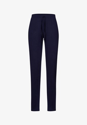 Marineblaues Hosen mit elastischem Taillenband, aus weichem Stoff. Lange, gerade Passform mit elastischen Bündchen an den Knöcheln. Keine sichtbaren Muster oder Akzente.