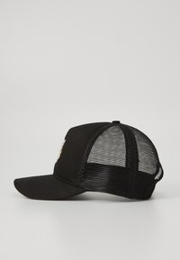 Black cap featuring a solid front and mesh back, with a curved brim and detailed stitching on the front panel.