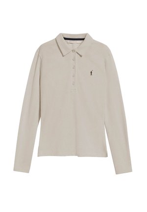 Beige langærmet polo med krave, fem knapper og lille broderet logo af en person, der svinger en golfkølle på venstre bryst.