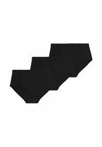 Schwarzes Baumwollunterwäsche-Set mit drei Teilen. Hoch tailliertes Design mit glatten Kanten, weicher Textur und minimalistischem Stil. Klassische einfarbige Ausführung.