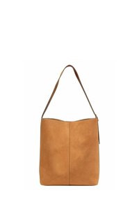 Sac fourre-tout en cuir tan avec un design structuré, une anse courte et un haut ouvert. Texture lisse avec des détails de couture minimaux.