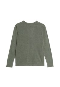 Pull vert à manches longues, col rond et texture douce. Présente un ourlet et des poignets côtelés, ainsi qu'un design simple et épuré.