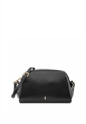 Czarna skórzana torba na ramię z regulowanym paskiem, złotym zamkiem błyskawicznym i małym złotym logo z przodu, o prostokątnym kształcie z lekko zaokrąglonymi krawędziami.