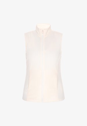 Gilet sans manches beige avec un col haut, fermeture éclair sur toute la longueur et une texture douce et lisse. Présente des panneaux latéraux dans une teinte plus claire.