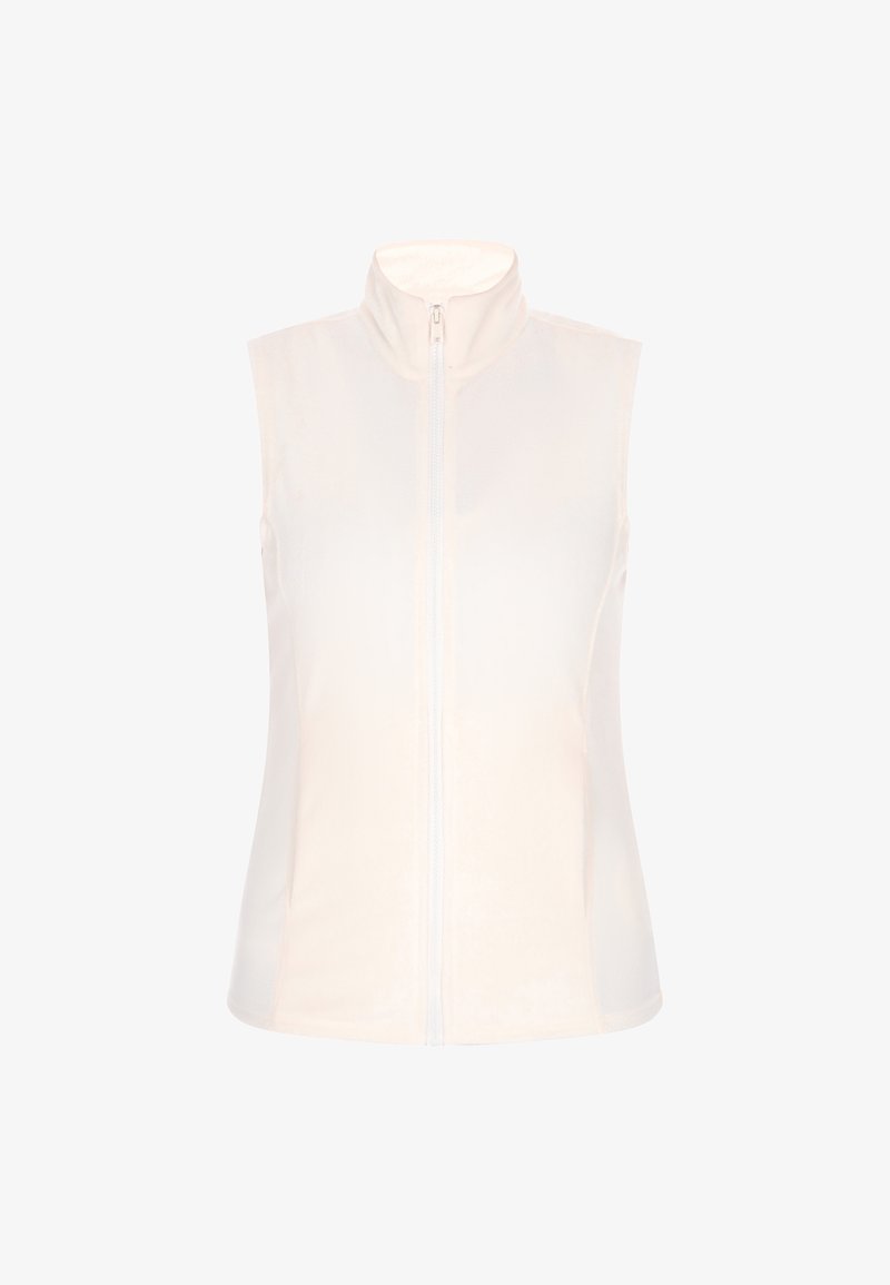 Ärmellose beige Weste mit hohem Kragen, durchgehendem Reißverschluss und einer weichen, glatten Textur. Verfügt über Seitenpaneele in einem helleren Farbton.