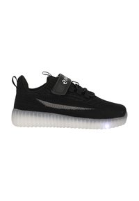 Scarpe sportive nere con tomaia in rete, lacci elastici e cinturino in Velcro. Presentano una suola traslucida con luci LED. Design leggero.