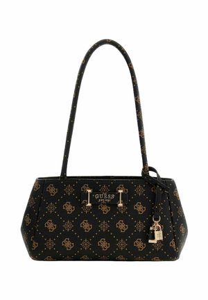 Sac à main noir avec accents dorés, matériau texturé, imprimé géométrique, double poignées et un petit accessoire attaché. Présente une forme structurée.