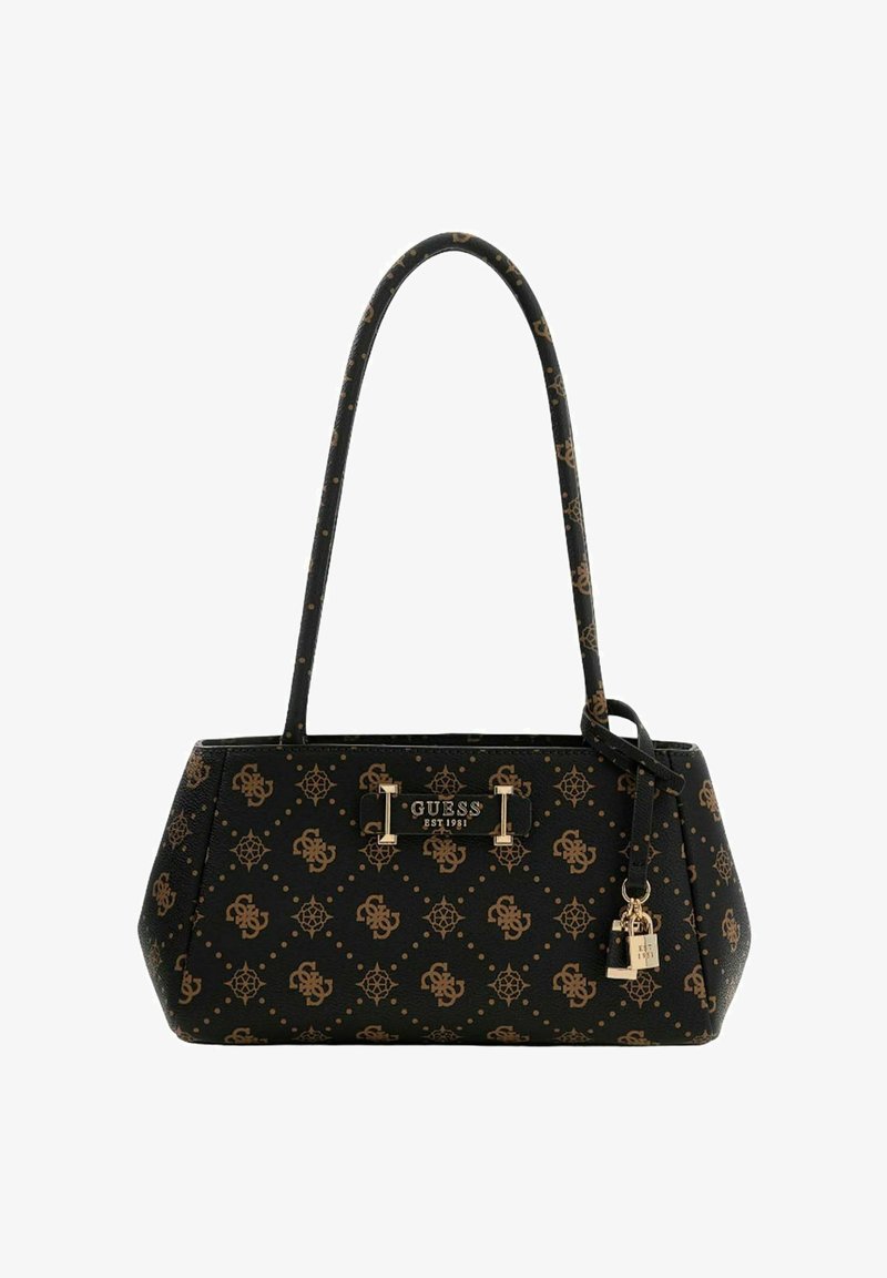 Sac à main noir avec accents dorés, matériau texturé, imprimé géométrique, double poignées et un petit accessoire attaché. Présente une forme structurée.