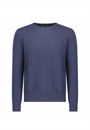 Heren trui met lange mouwen en ronde hals in effen marineblauw met geribbelde manchetten en zoom, getoond op een witte achtergrond.