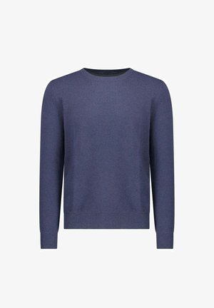 Maglione da uomo a maniche lunghe con scollo a girocollo in blu navy tinta unita con polsini e orlo a coste, mostrato su sfondo bianco.