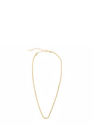 Delicato collana in oro con chiusura a moschettone e catena di estensione regolabile su sfondo bianco.